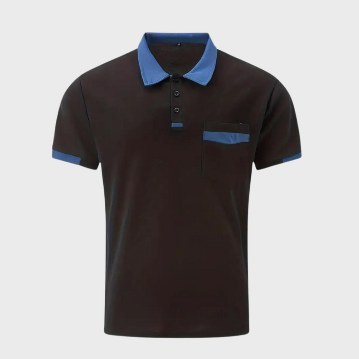 Men's classic polo shirt worn outdoors, perfect short sleeve top for comfortable everyday summer & casual style.