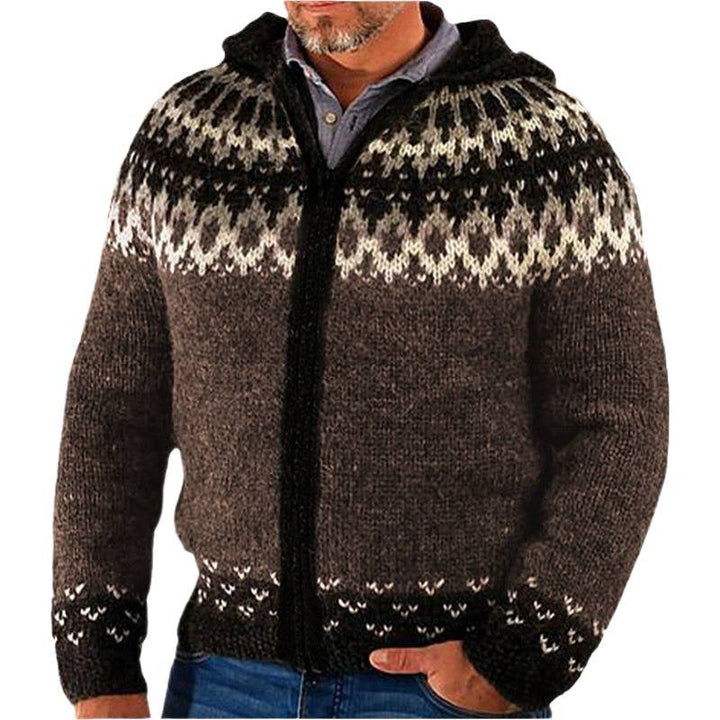 Men's fashion zipper cardigan with intricate Norwegian pattern, a comfortable and classic outerwear piece.