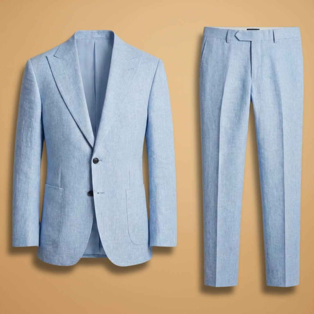 Men's classic notch lapel two-piece suit in navy blue.