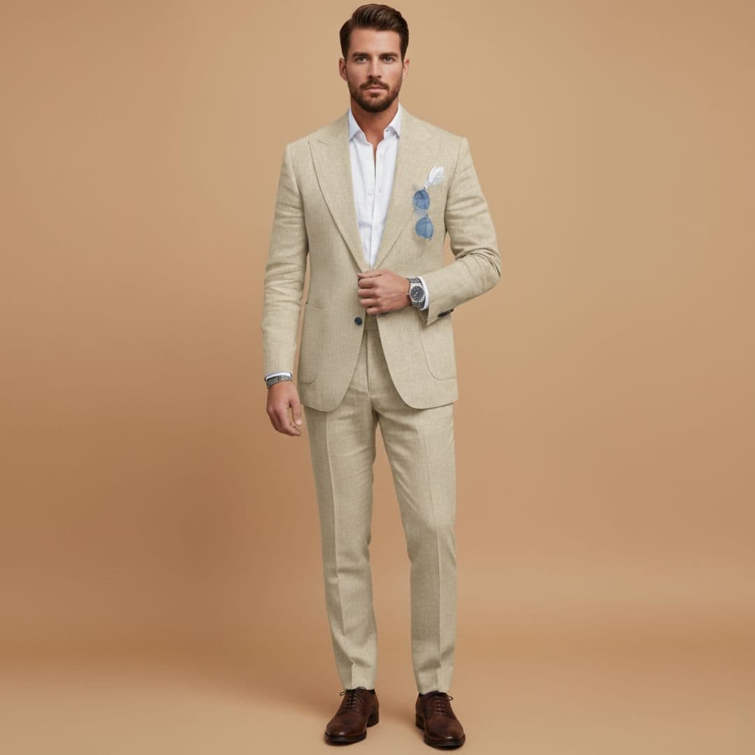 Men's tailored fit suit with matching blazer and trousers.