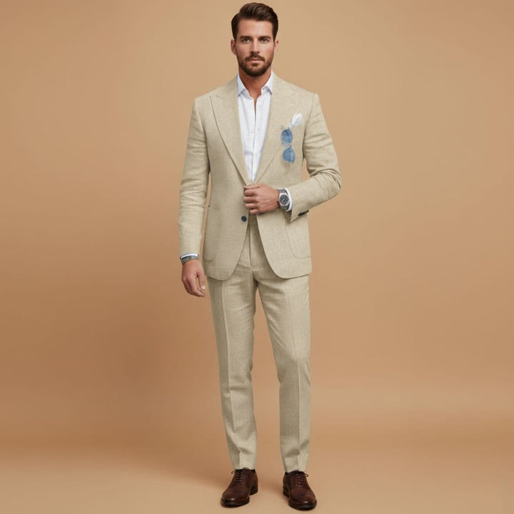 Men's tailored fit suit with matching blazer and trousers.