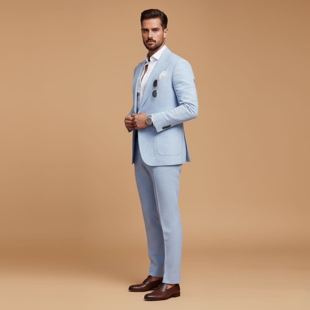 Full body shot of a man wearing a stylish notch lapel two-piece suit.