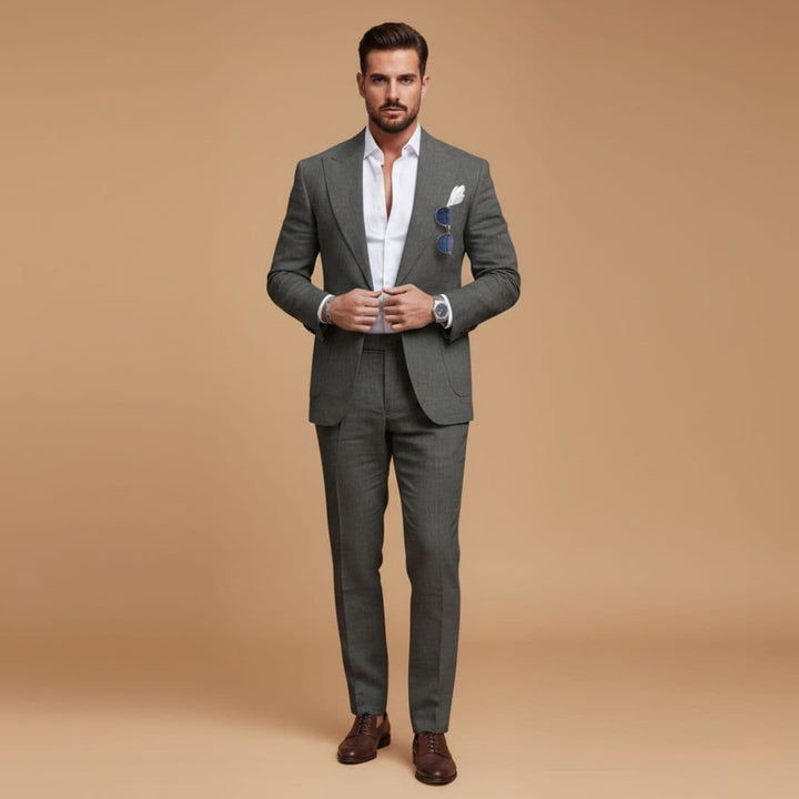 Men's classic two-piece suit with single-breasted blazer and dress pants.