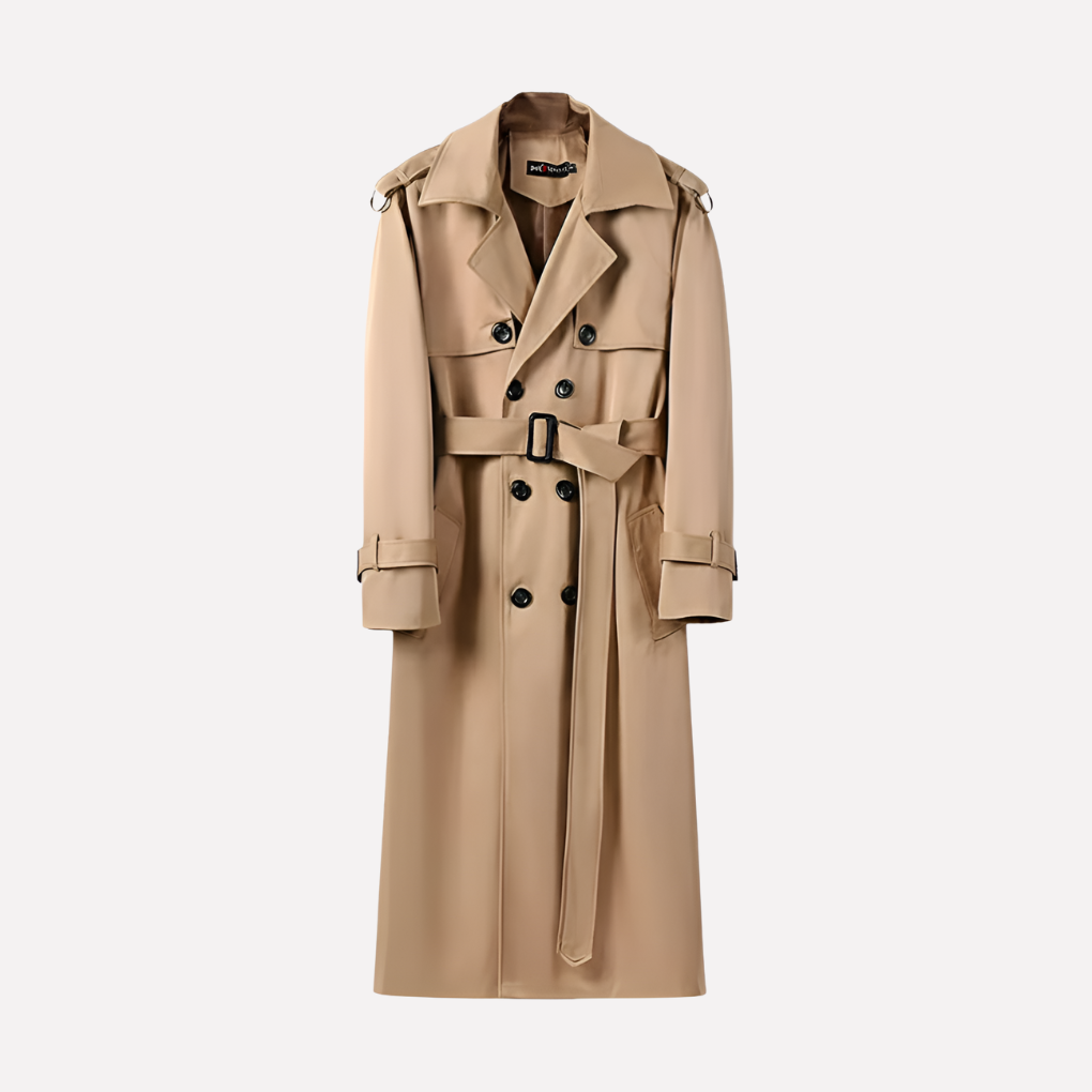 Men's classic over-the-knee belted trench coat, ideal for business casual or urban fall/winter fashion.