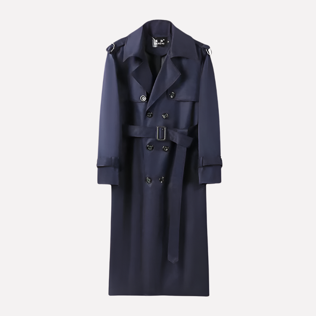 Stylish men's long belted trench coat, over-the-knee design for versatile outerwear in fall/winter fashion.