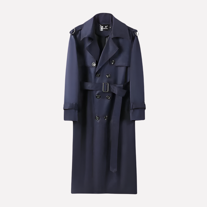 Stylish men's long belted trench coat, over-the-knee design for versatile outerwear in fall/winter fashion.
