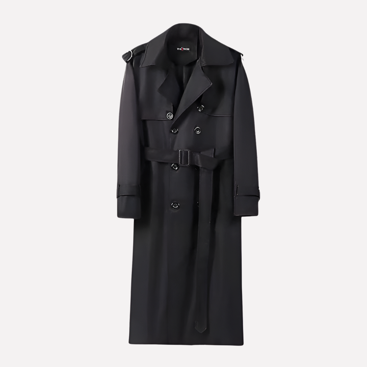 Elegant men's over-the-knee trench coat with belt, perfect for classic long outerwear in fall/winter style.