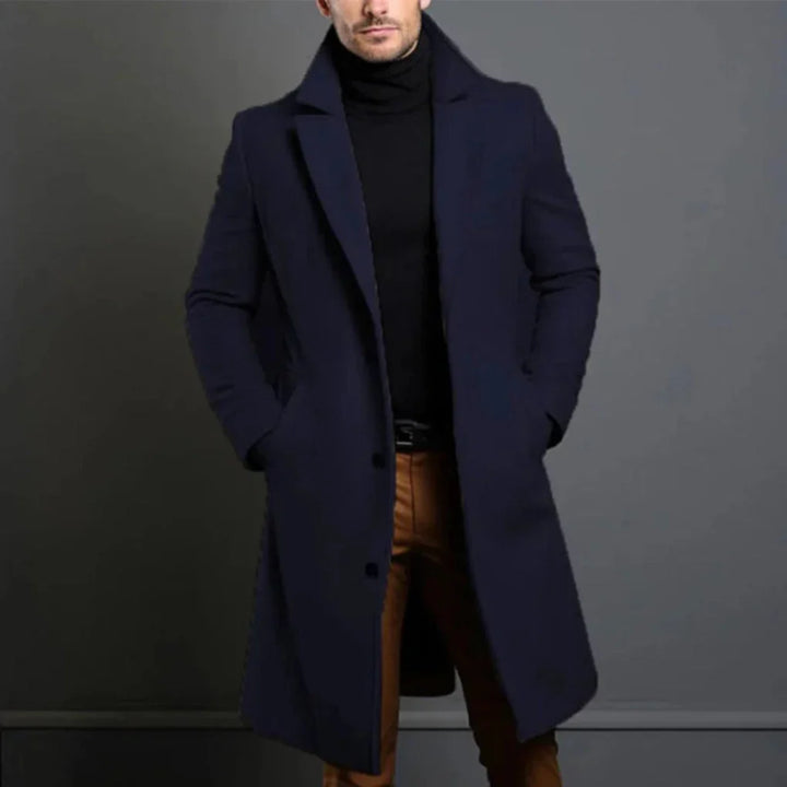 Modern men's classic overcoat. Elegant longline winter coat, perfect for sophisticated smart casual & business style.