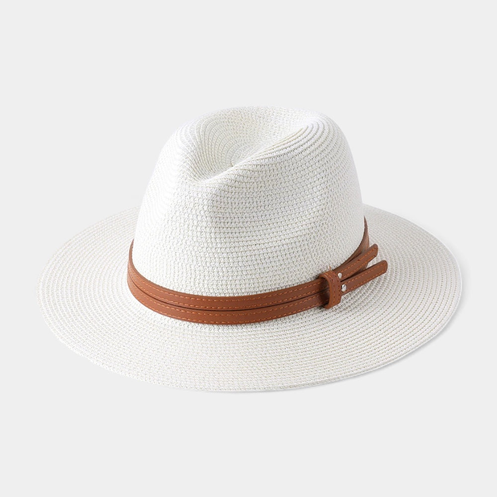 Structured natural straw Panama-style hat for men, timeless design, provides excellent sun protection. Summer essential.