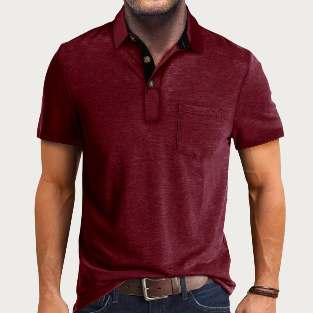 Front view of a white men's classic polo shirt, emphasizing its clean design and comfortable, breathable material.