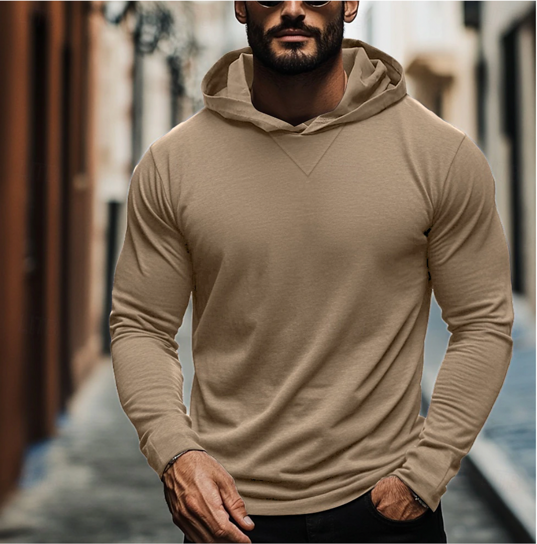 Warm and comfortable men's long sleeve hoodie, a must-have pullover for loungewear and casual outings.