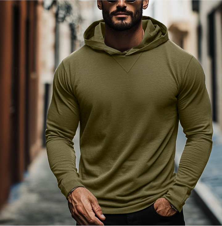 Essential men's pullover hoodie for activewear and casual comfort, featuring a stylish v-neck design.