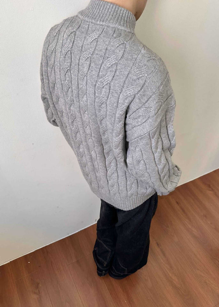 Casual men's quarter-zip cable knit sweater, a timeless piece of knitwear for cool weather and fall fashion.