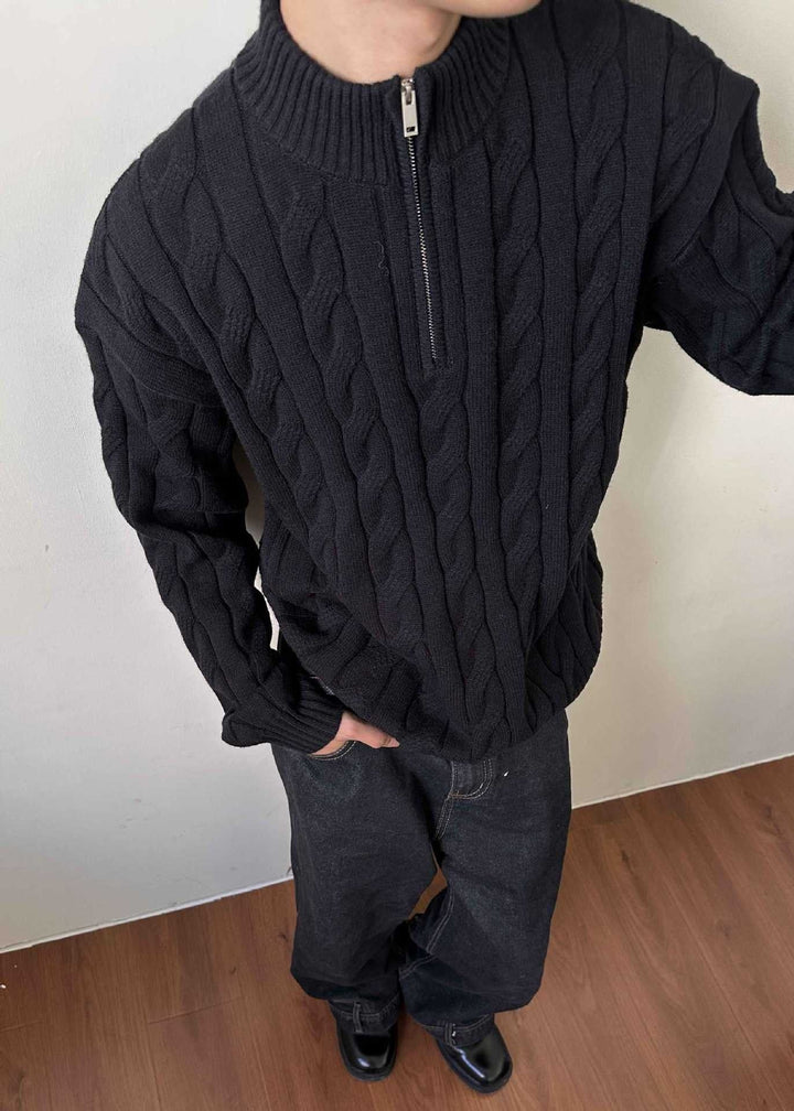 Stylish men's cable knit pullover sweater with quarter-zip detail, mock neck, and ribbed trim for comfort.