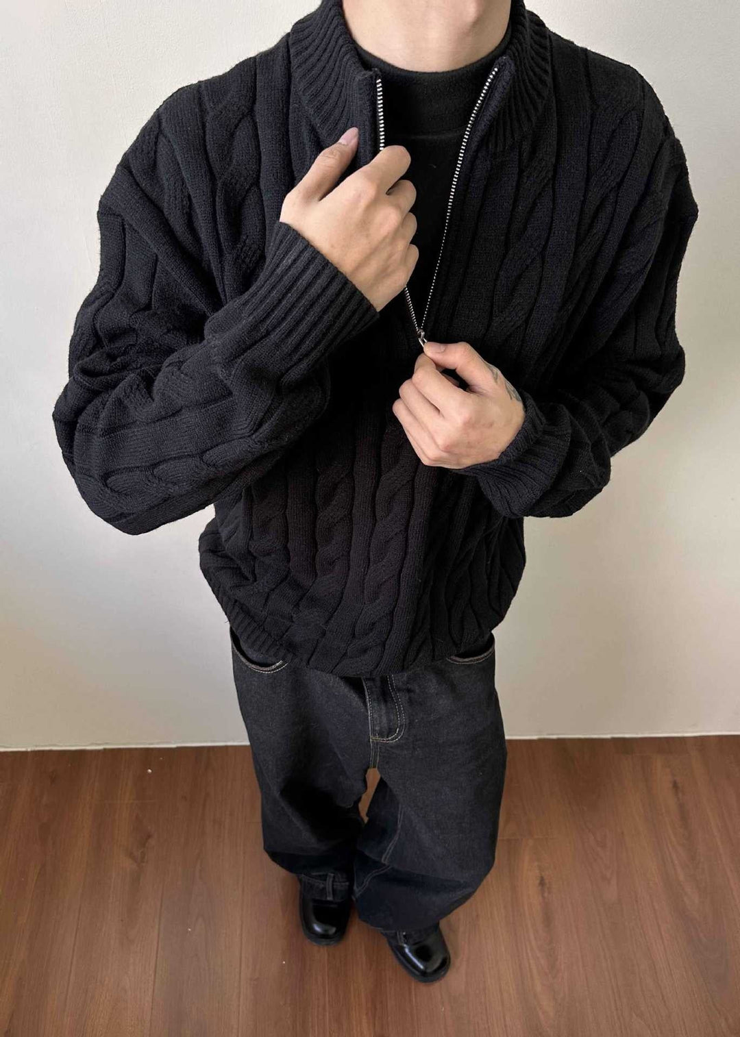 Men's elegant quarter-zip cable knit sweater. Mock neck, ribbed collar & cuffs, essential fall & winter fashion.