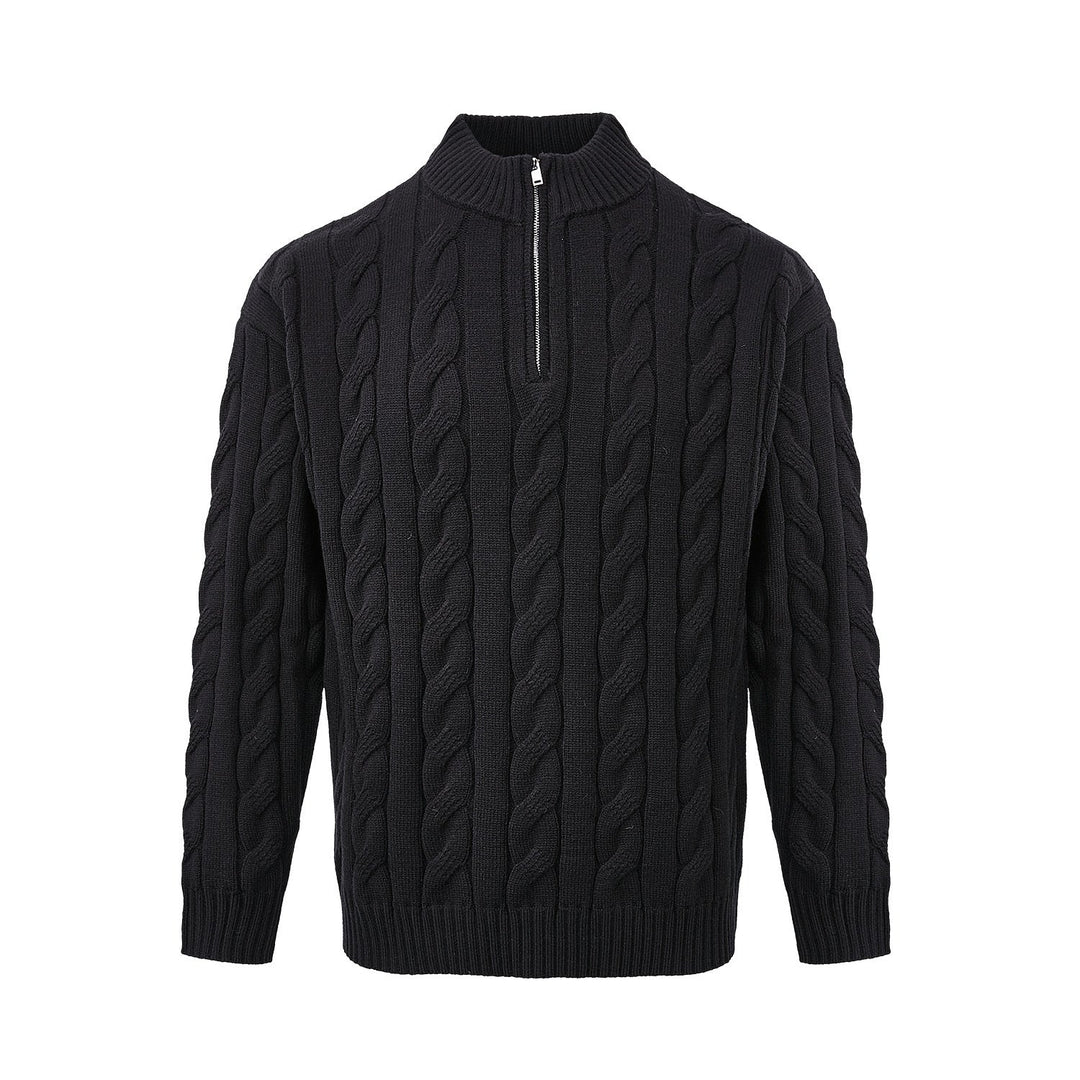Warm men's quarter-zip cable knit sweater, a timeless pullover with mock neck and ribbed collar for cozy style.