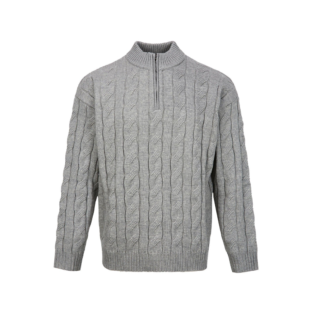 Men's premium cable knit quarter-zip sweater. Mock neck, ribbed collar, and durable knit for lasting warmth.