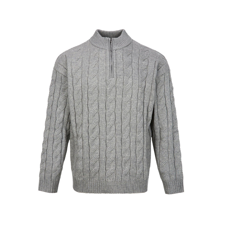 Men's premium cable knit quarter-zip sweater. Mock neck, ribbed collar, and durable knit for lasting warmth.