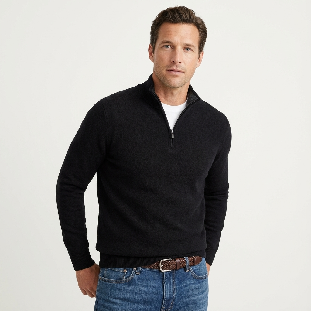 Men's classic quarter-zip jumper. Versatile smart-casual pullover, ideal for layering and everyday comfort.