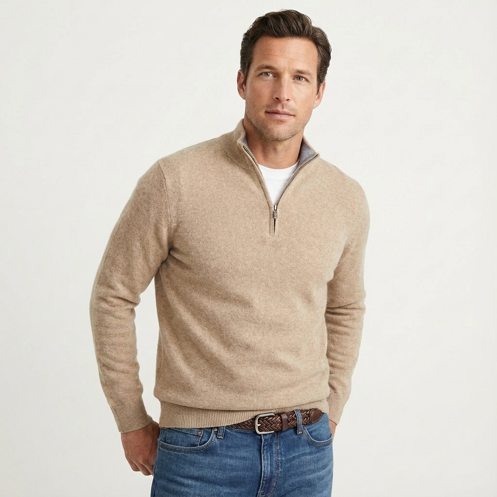 Premium men's quarter-zip pullover. Long sleeve knitwear jumper, perfect for smart-casual versatility and comfort.
