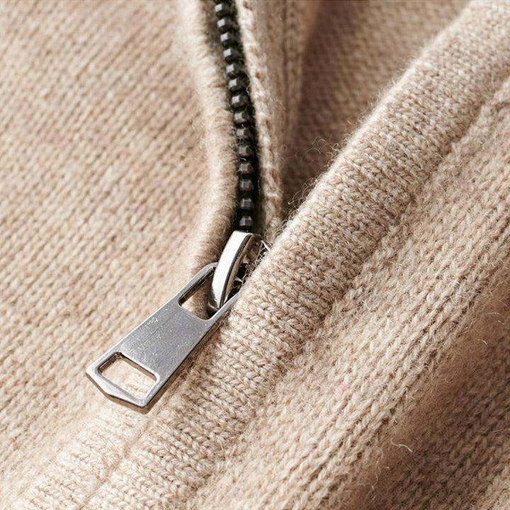 Grey men's quarter-zip jumper. Smart-casual long sleeve knitwear pullover, perfect for versatile daily outfits.