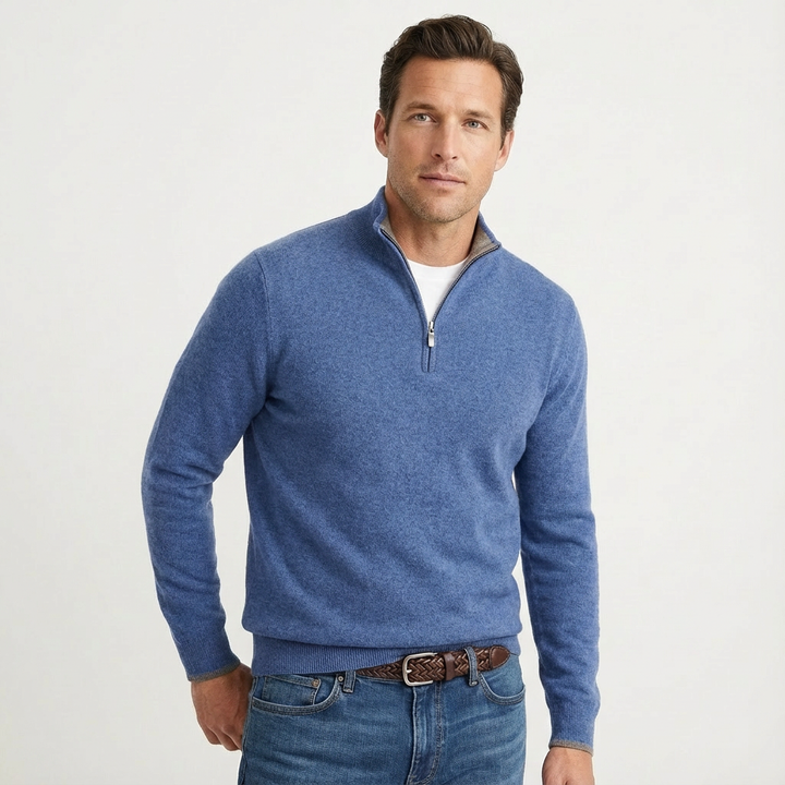 Classic men's quarter-zip pullover. Stylish long sleeve jumper, ideal for smart-casual occasions and comfort.