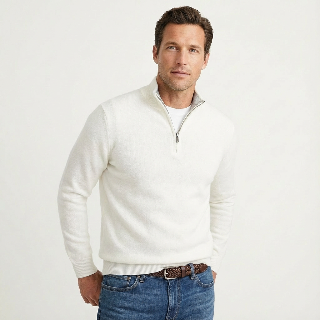 Versatile men's quarter-zip knitwear. Comfortable long sleeve smart-casual jumper, perfect for easy layering.