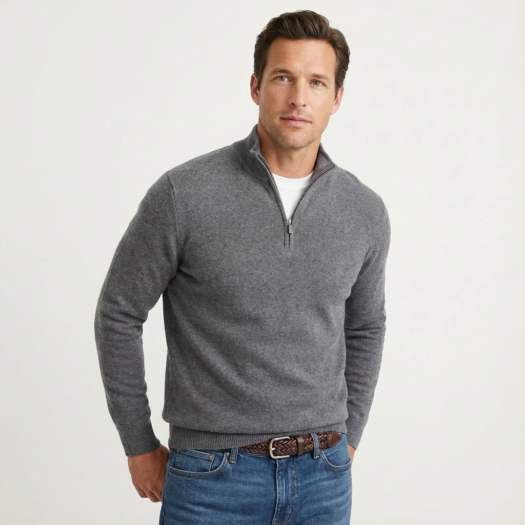 Men's smart-casual quarter-zip jumper. Comfortable long sleeve pullover, ideal for versatile layering style.