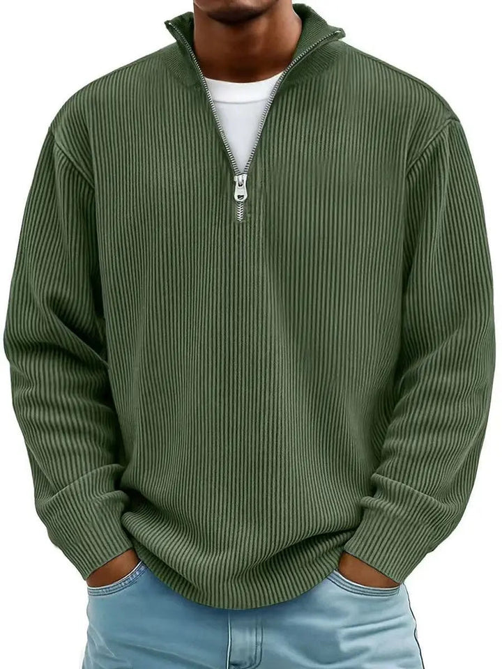 Comfortable men's quarter-zip sweater, a classic pullover jumper for smart casual fashion and layering.