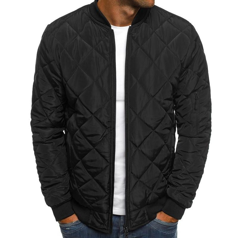 Close-up of classic quilted pattern on men's bomber jacket, ideal for casual autumn & winter wear.