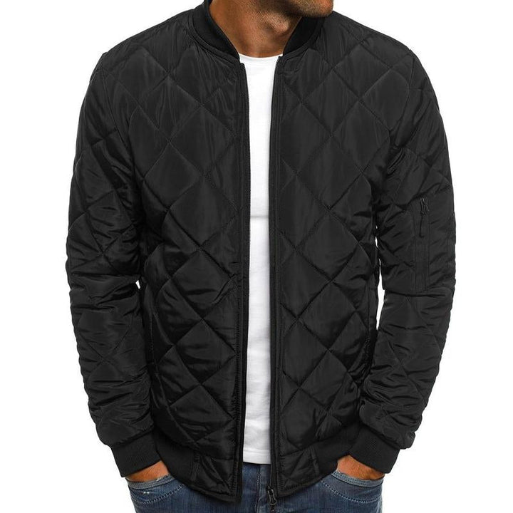 Close-up of classic quilted pattern on men's bomber jacket, ideal for casual autumn & winter wear.