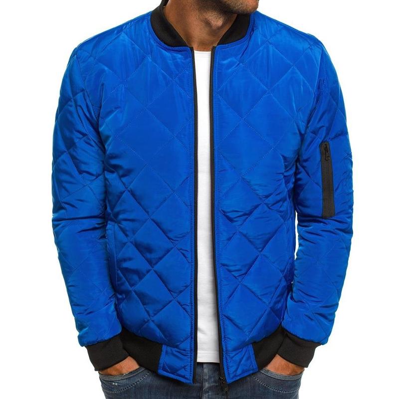 Side view of men's quilted bomber jacket, versatile autumn/winter casual outerwear for daily style.