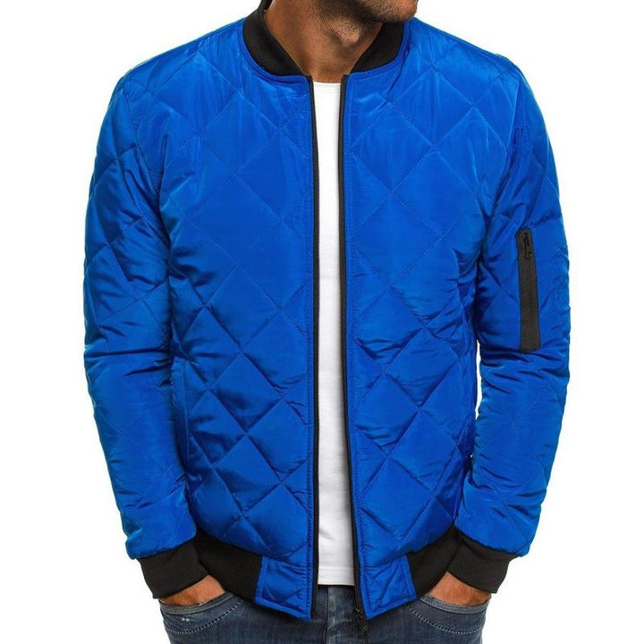 Side view of men's quilted bomber jacket, versatile autumn/winter casual outerwear for daily style.