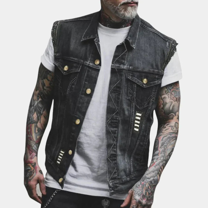 Men's classic retro blue denim vest, button-up, sleeveless, perfect for casual layering & stylish outfits.