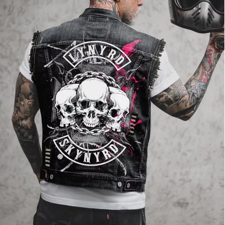 Versatile men's denim trucker vest, retro blue wash, button-up, sleeveless for casual & stylish layering.