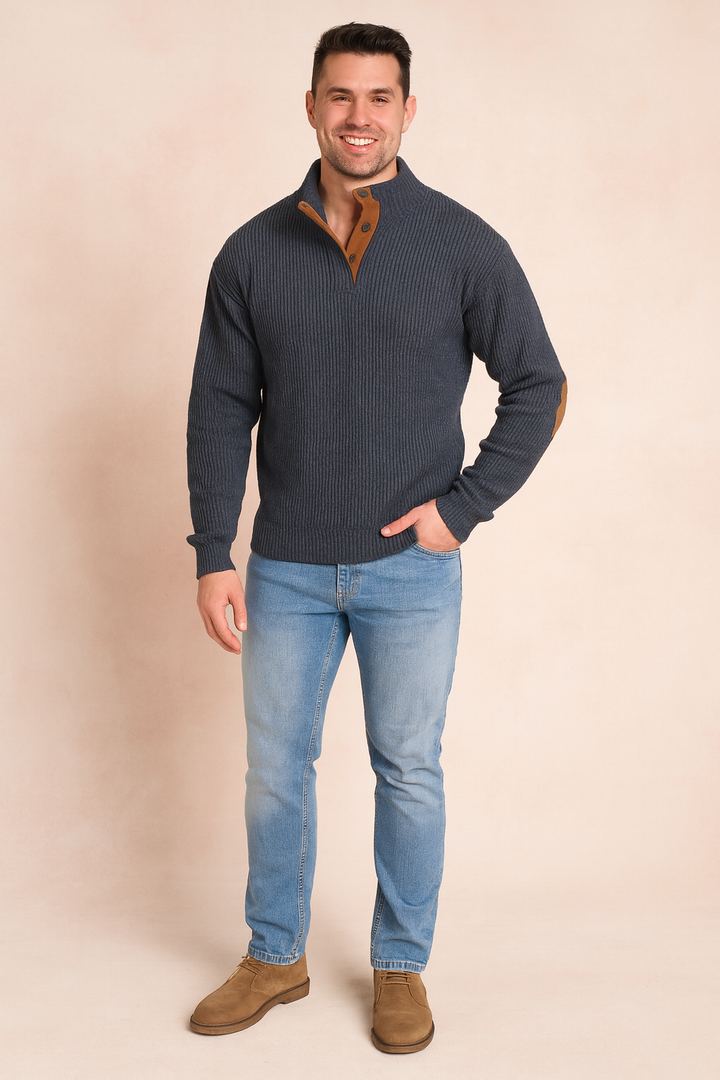Versatile men's long sleeve retro buttoned sweater with textured knit. Ideal for casual or smart-casual looks.
