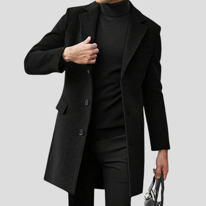 Men's classic revere overcoat, elegant long coat for formal wear & business attire in cold weather.
