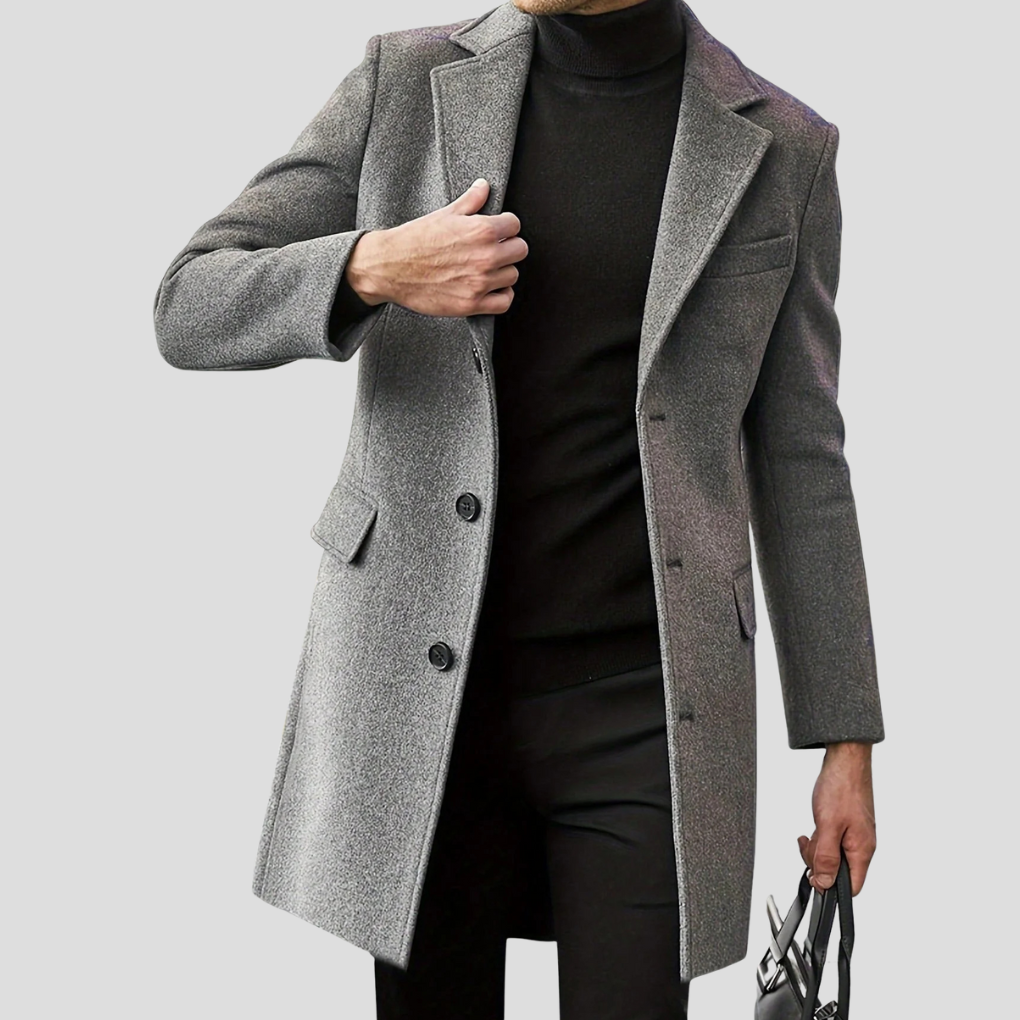 Sophisticated men's winter jacket, a timeless long overcoat with a revere collar for cold weather fashion.