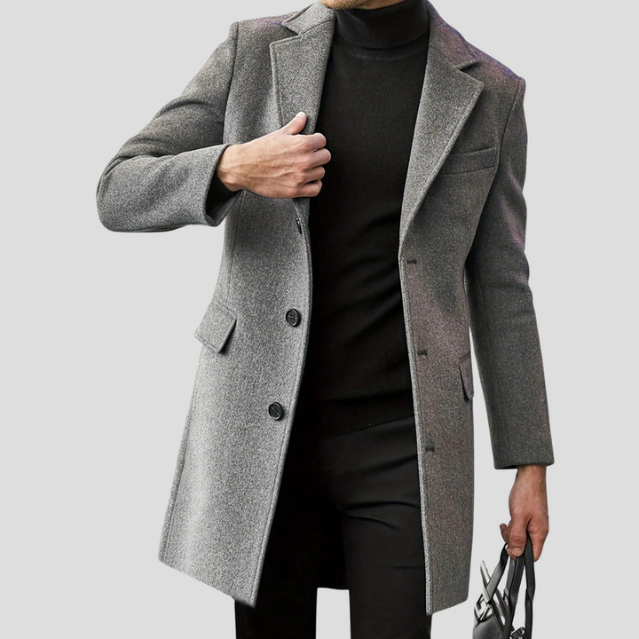 Sophisticated men's winter jacket, a timeless long overcoat with a revere collar for cold weather fashion.
