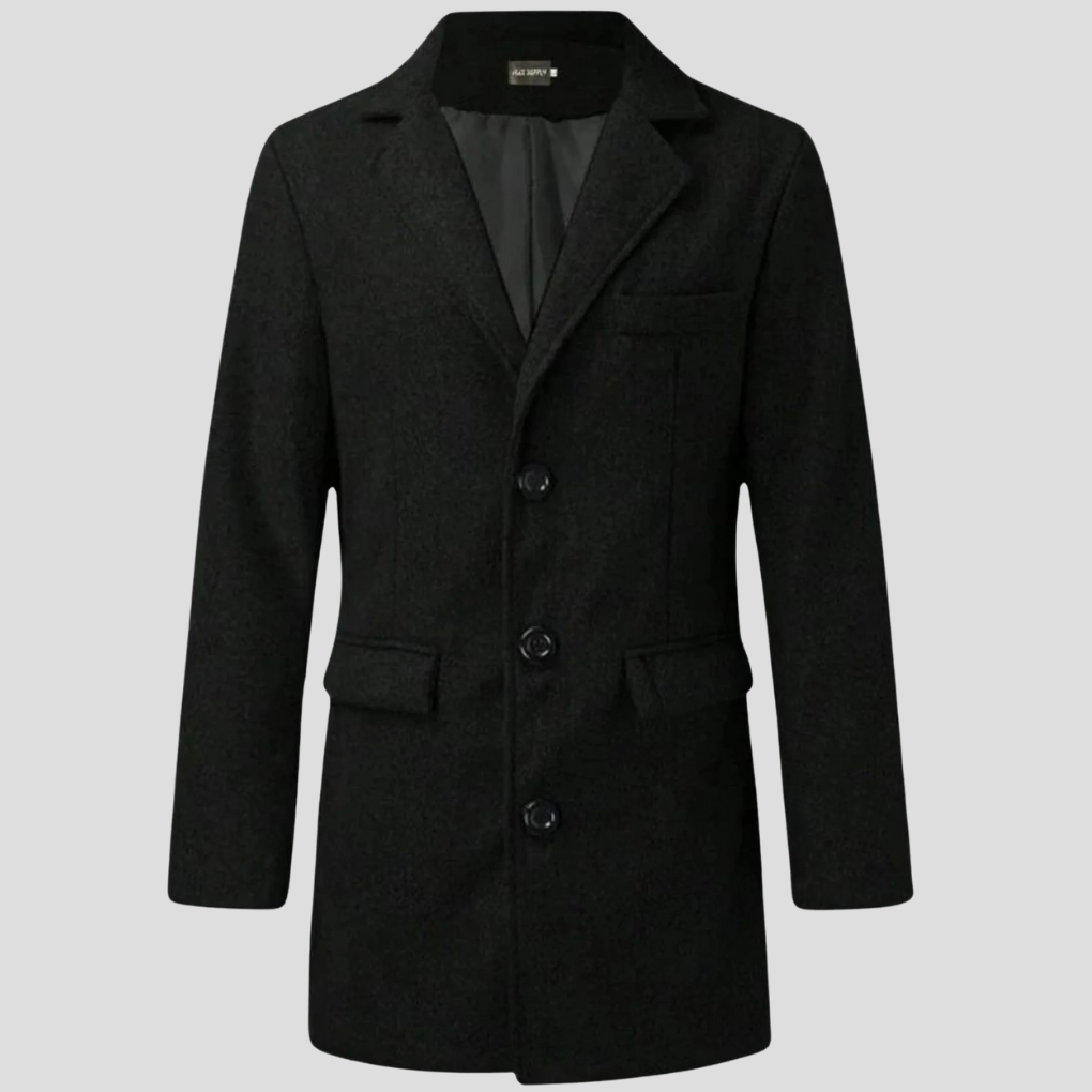 Classic men's overcoat with revere collar, a formal long coat perfect for elegant business attire & winter.