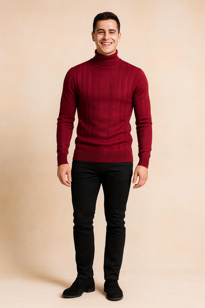 Men's classic ribbed turtleneck sweater in a dark color, offering warmth & elegant winter fashion.