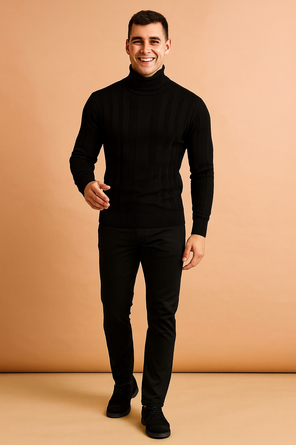 Slim fit men's ribbed turtleneck sweater, a versatile long sleeve top perfect for casual & elegant wear.