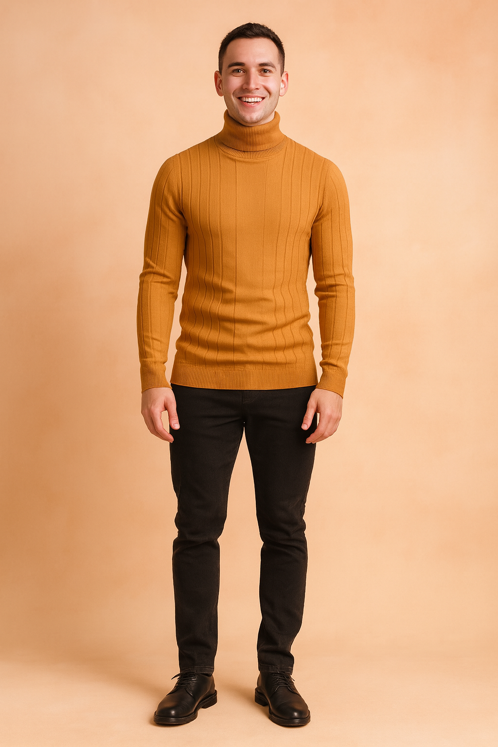 Close-up of a comfortable men's ribbed knit turtleneck sweater, ideal for ultimate warmth in winter.