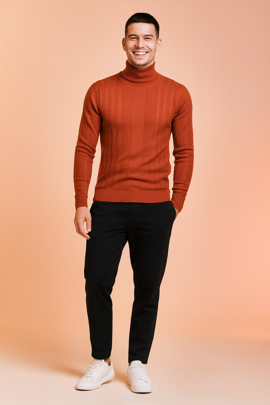 Stylish men's classic ribbed turtleneck sweater in a modern neutral tone, suitable for various occasions.