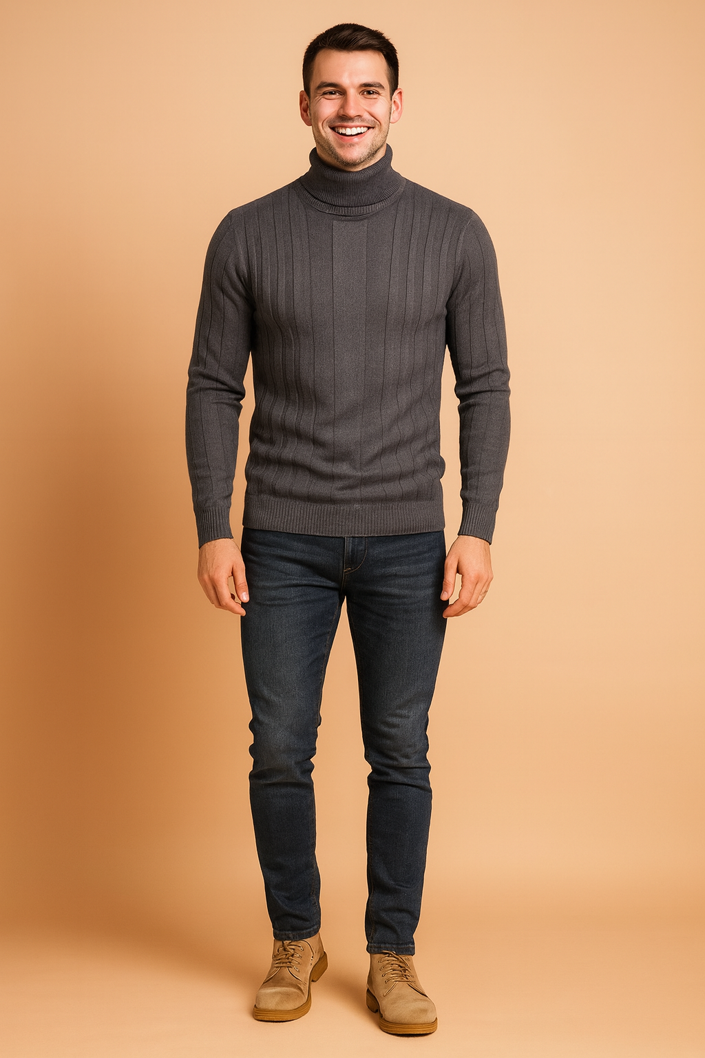 Warm men's long sleeve ribbed turtleneck sweater, a comfortable classic knit top for winter fashion.