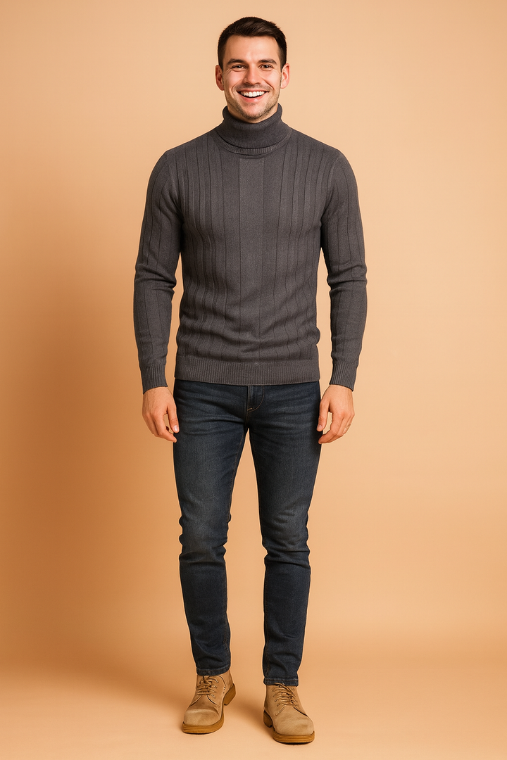 Warm men's long sleeve ribbed turtleneck sweater, a comfortable classic knit top for winter fashion.