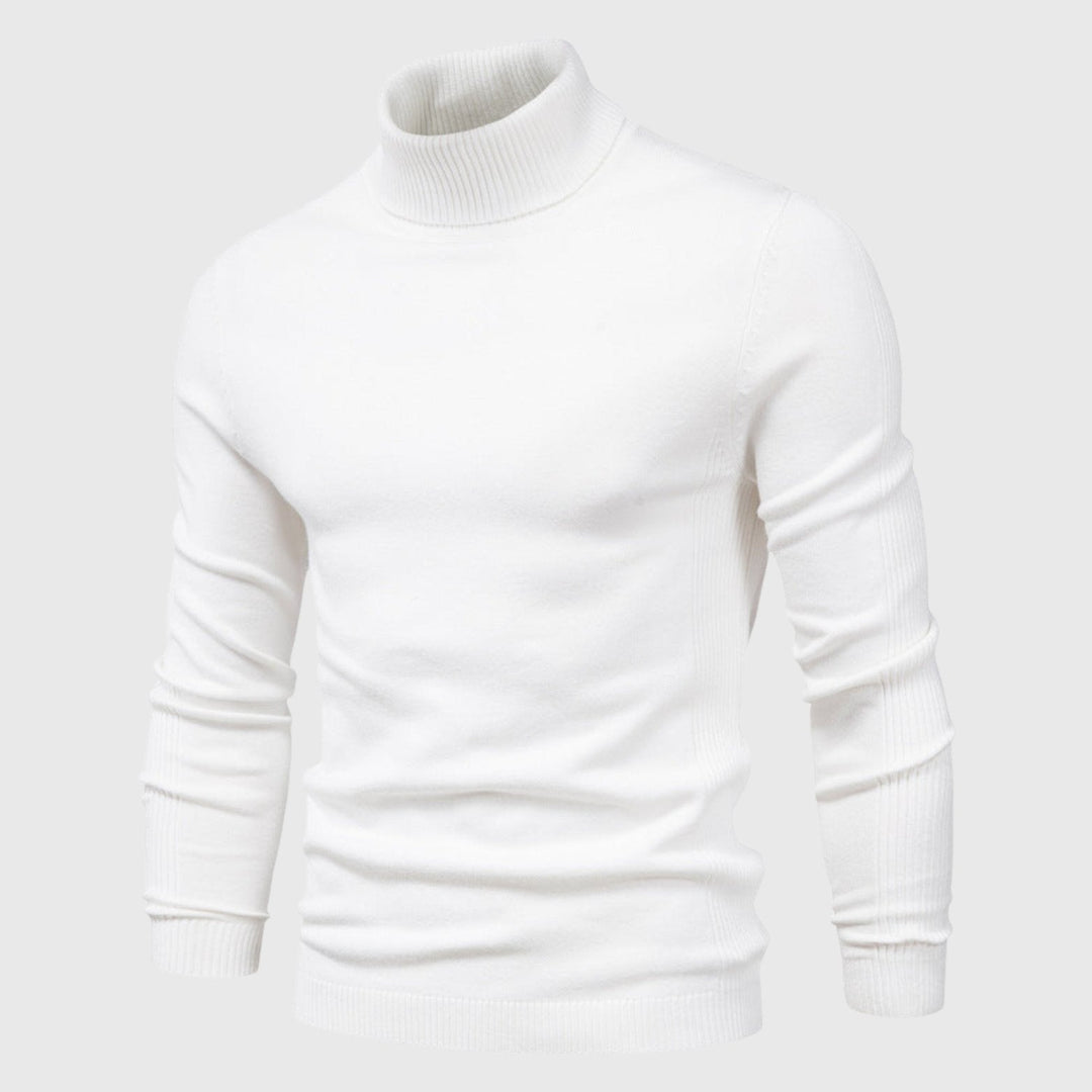 Men's roll neck jumper as part of a stylish autumn outfit, offering a comfortable fit & classic look.