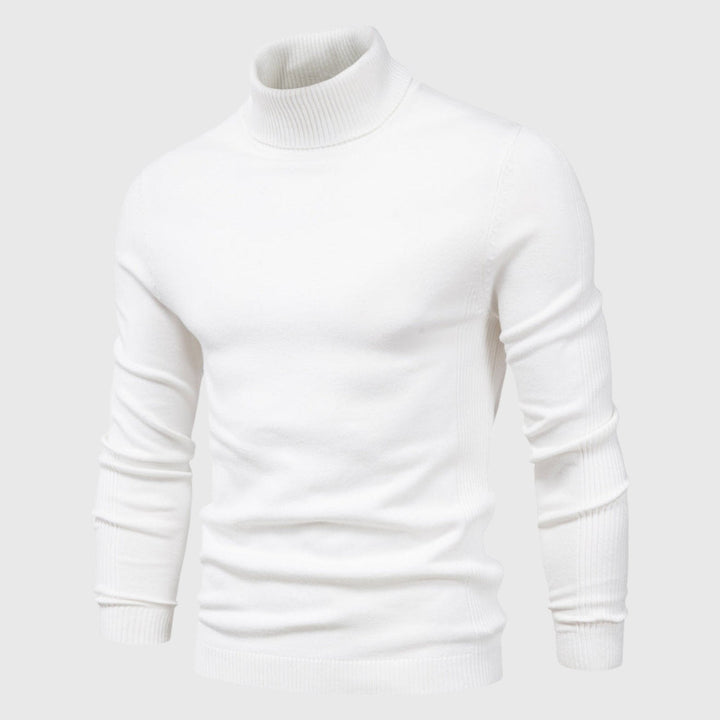 Men's roll neck jumper as part of a stylish autumn outfit, offering a comfortable fit & classic look.