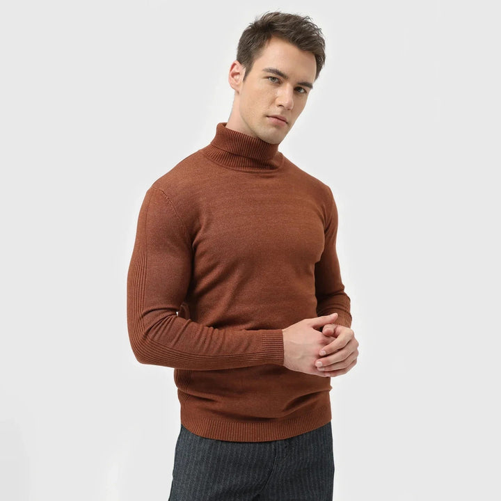 Men's classic roll neck jumper, ideal for layering. A comfortable long sleeve knit for smart casual fashion.