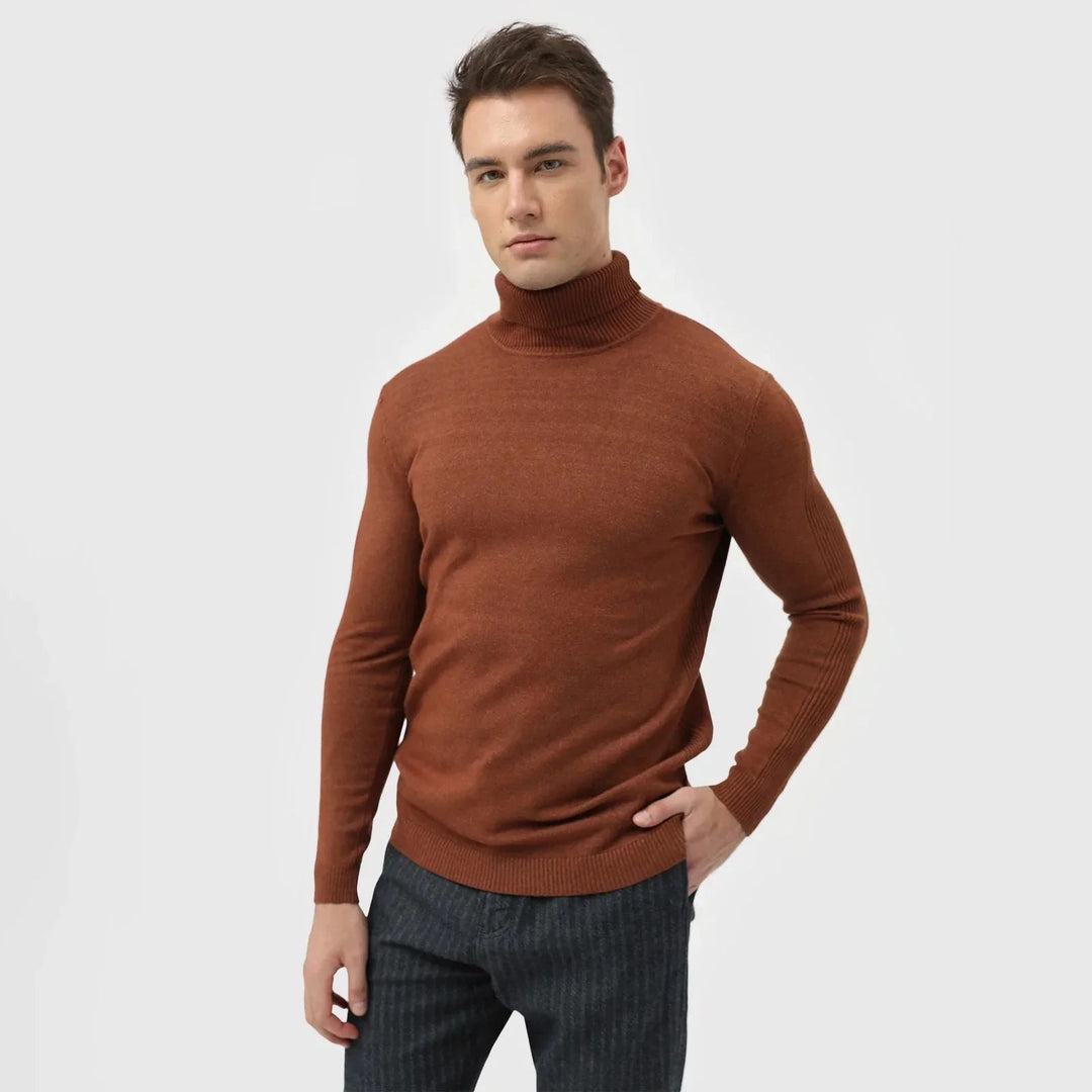 Close-up of the comfortable roll neck on a men's classic jumper, perfect for warm winter style.